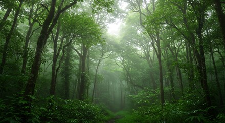 Obraz premium Mystical forest path shrouded in fog and vivid green foliage, an ideal backdrop for fantasy, mystery or nature exploration themes.