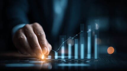 Businessman working on modern computer with digital business graph and data analysis on screen