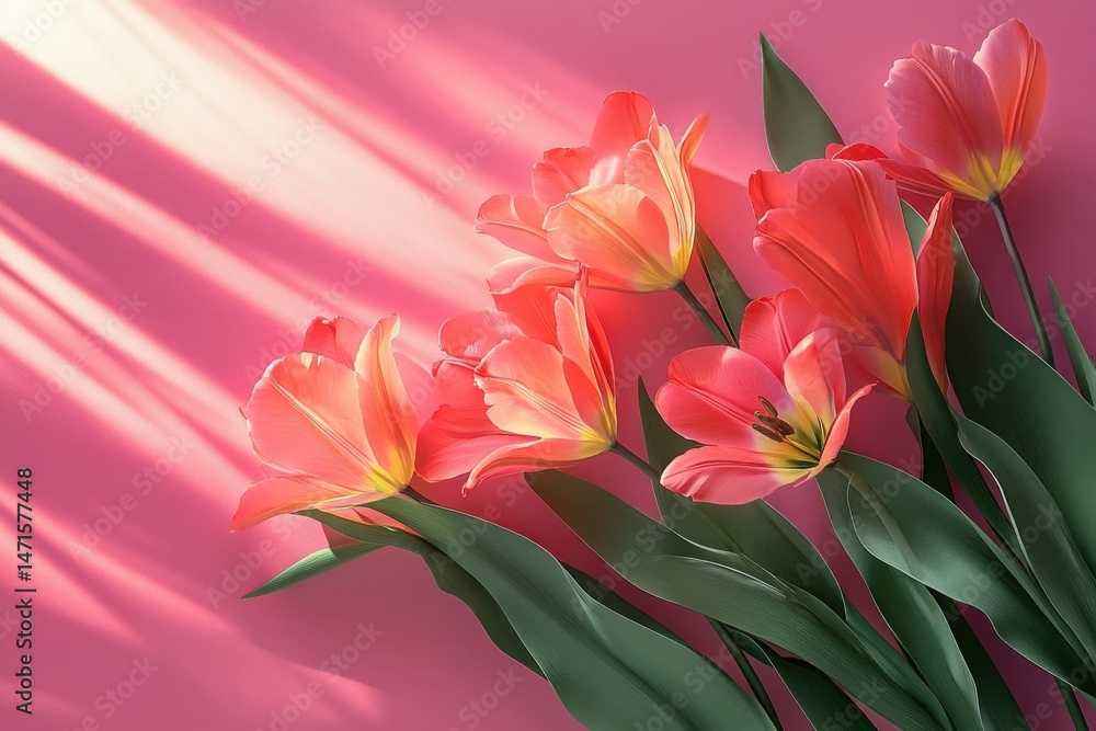 Poster a vibrant bouquet of coral tulips basks in the warm sunlight against a soft pink backdrop, creating 