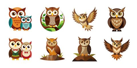 Obraz premium Owl set, set of owl illustration, set of funny animals