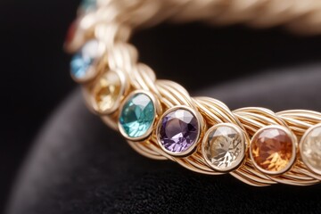 Elegant gold bracelet adorned with colorful gemstones, showcased against a black background.