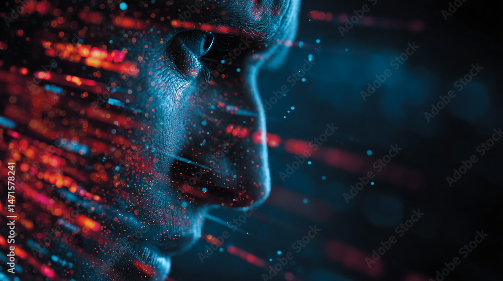 Poster Close-up of face profile, illuminated by red and blue light particles, creating a digital, futuristic effect, symbolizing technology, innovation, or data flow