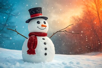 Obraz premium Cheerful snowman wearing a red scarf and black top hat in a snowy winter landscape at sunset, with falling snowflakes and glowing sky in the background.generative ai