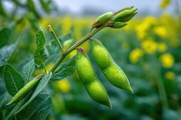 Closeup of Green Soybean Pods on Plant Stem with Dew Drops in Field with Yellow Flowers