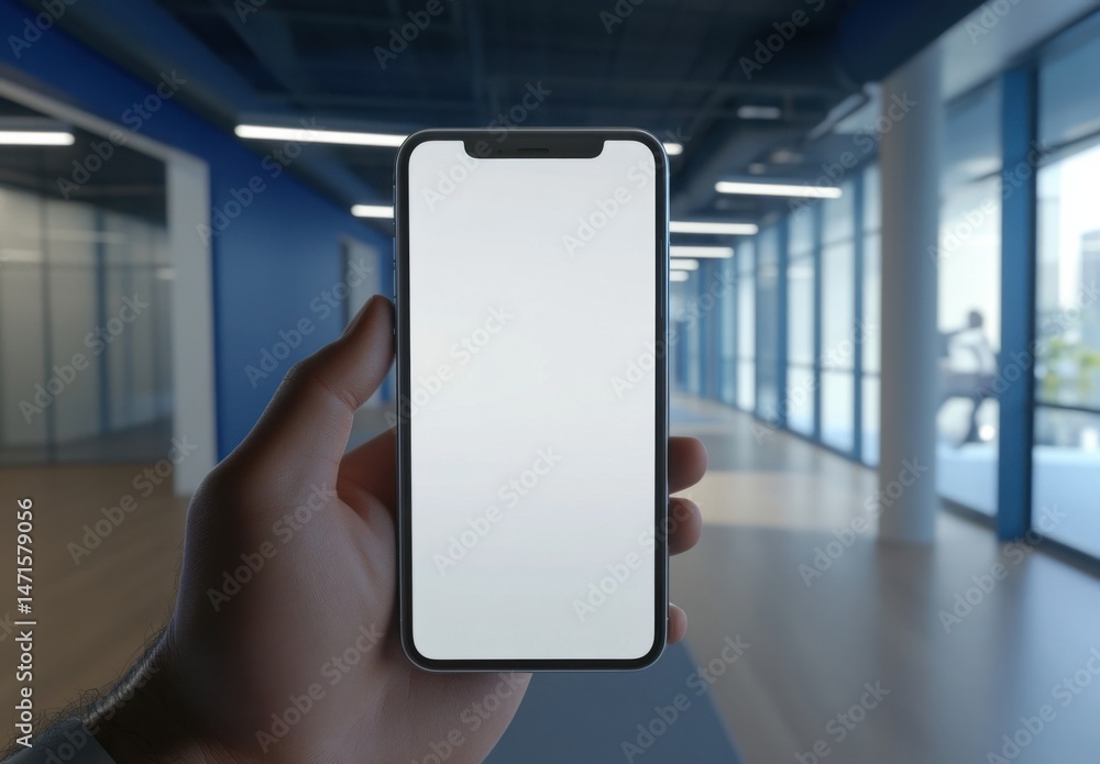 Poster a hand holds a smartphone with a blank screen in a modern office hallway, showcasing a sleek device 