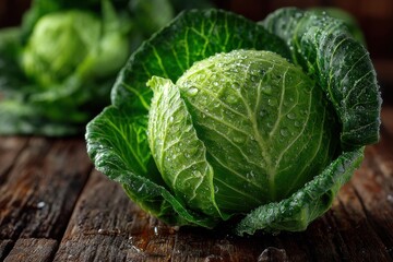 Fototapeta premium Fresh Green Cabbage Head Covered in Water Droplets Resting on a Rustic Wooden Surface for Culinary Food Preparation
