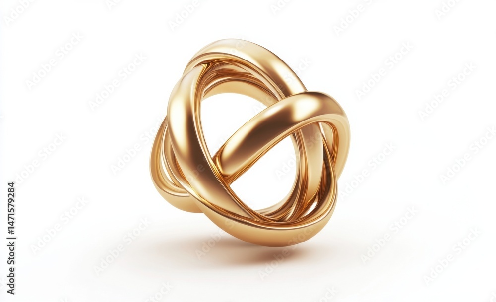 Poster intertwined golden rings, a 3d render of smooth, polished metal bands forming a complex knot, isolat