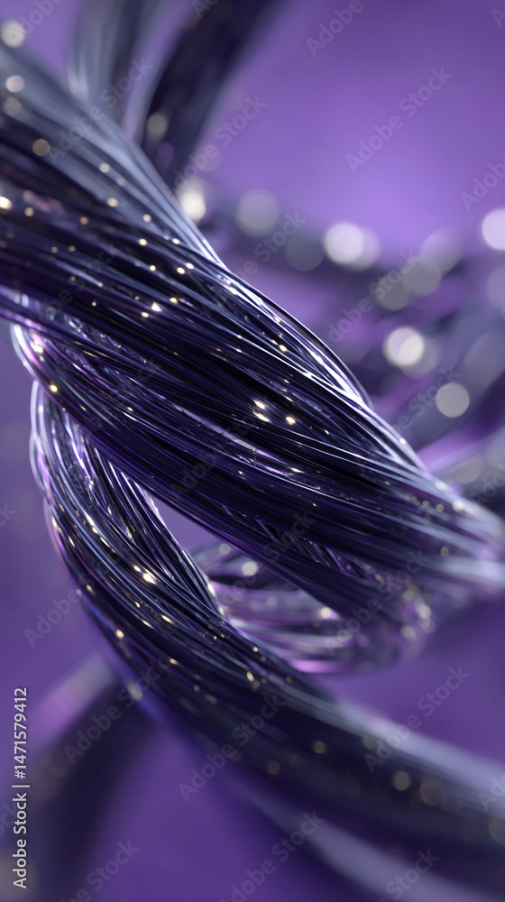 Poster Abstract image of twisted dark purple strands, creating a dynamic and flowing texture.  Represents technology, connectivity, or modern design.  Suitable for tech or abstract backgrounds.