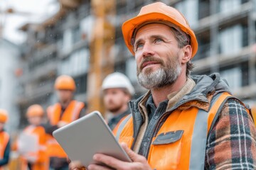 Construction supervisor in safety vest using tablet at building site overseeing other workers and project under development