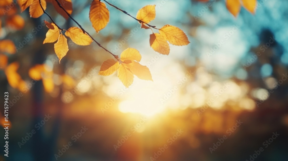 Poster golden autumn leaves on a branch backlit by a warm sunset, creating a serene and peaceful nature sce