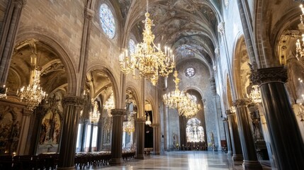 Majestic interior of a gothic cathedral, showcasing ornate golden chandeliers and towering stone columns, bathed in soft natural light. : Generative AI