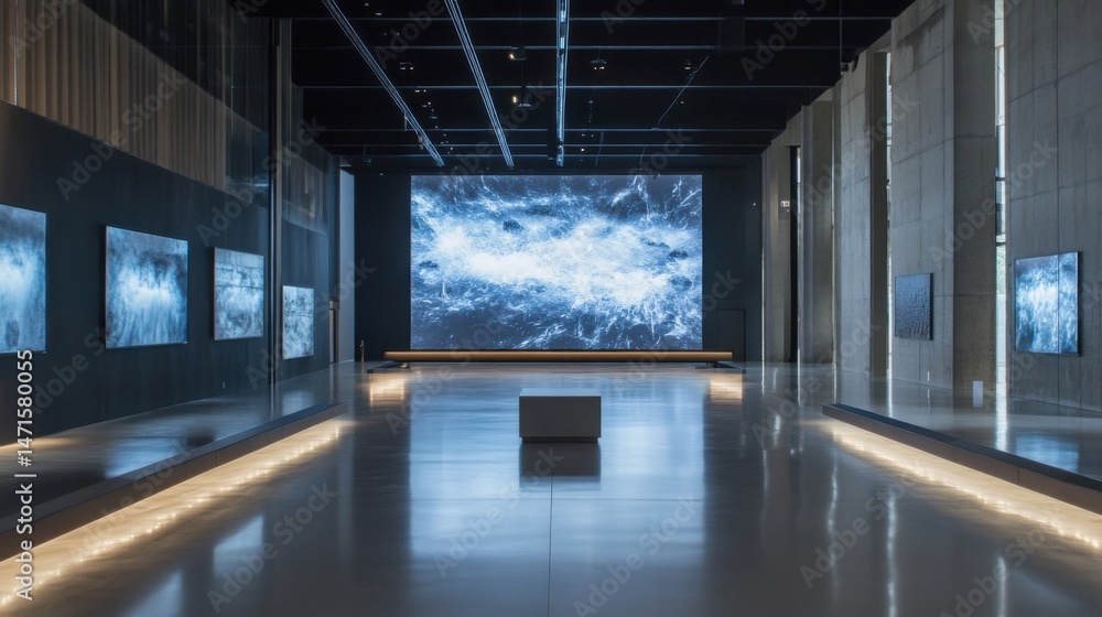 Aufkleber modern art gallery interior with large digital screen displaying abstract blue artwork, complemented