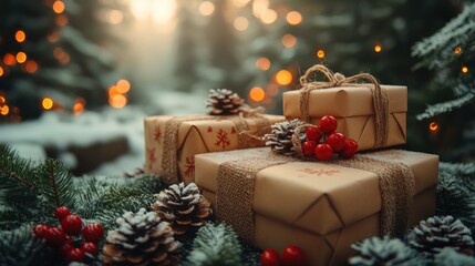 Beautifully wrapped christmas gifts surrounded by snowy pinecones and evergreen branches