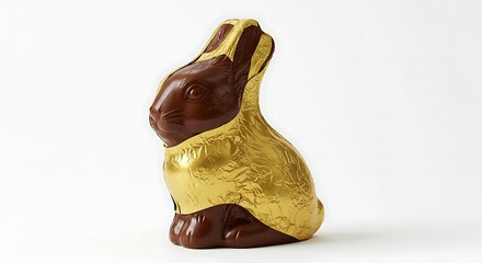 Chocolate Easter bunny wrapped in gold foil on white background