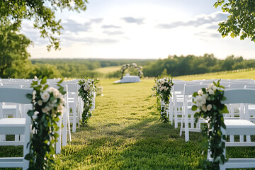 A wedding ceremony is taking place in a lush green field with white chairs