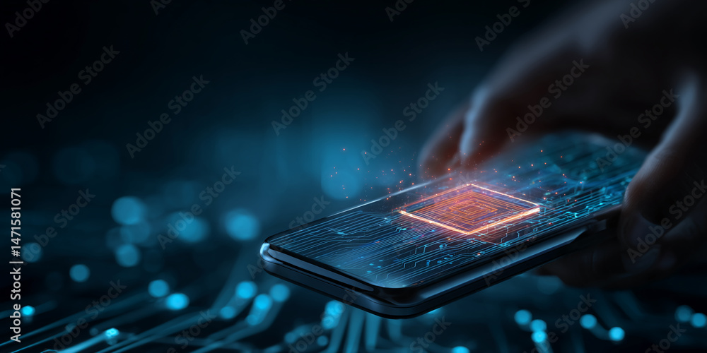 Poster smartphone showcasing glowing circuit board and processor, symbolizing advanced technology and digit
