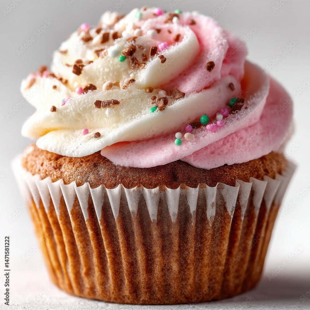 Poster A delectable cupcake with swirls of pink and white frosting, generously sprinkled with chocolate and colorful candy beads, sits on a light gray surface. : Generative AI