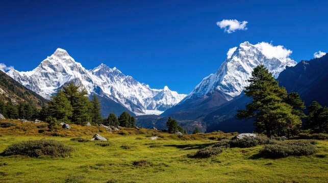 Majestic Himalayan peaks rise above a verdant valley, showcasing snow-capped mountains under a vibrant blue sky, creating a breathtaking landscape. : Generative AI