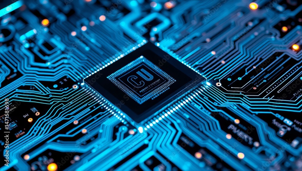 Poster macro view of a blue printed circuit board, showcasing a central microchip and illuminated