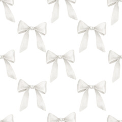 Naklejka premium Seamless watercolor Pattern with white Bows. Illustration of background with tied ribbons in pastel colors for baby stationery, nursery wallpaper or childish textile designs. Backdrop for wrapping.