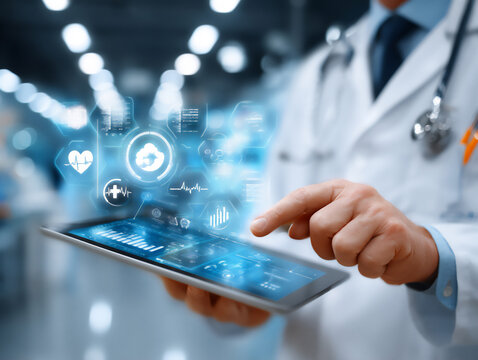 a photograph featuring an indian physician examining digital medical records on a tablet in a bright clinic.