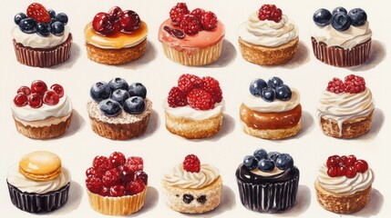 Colorful dessert pastries arranged in a grid pattern.