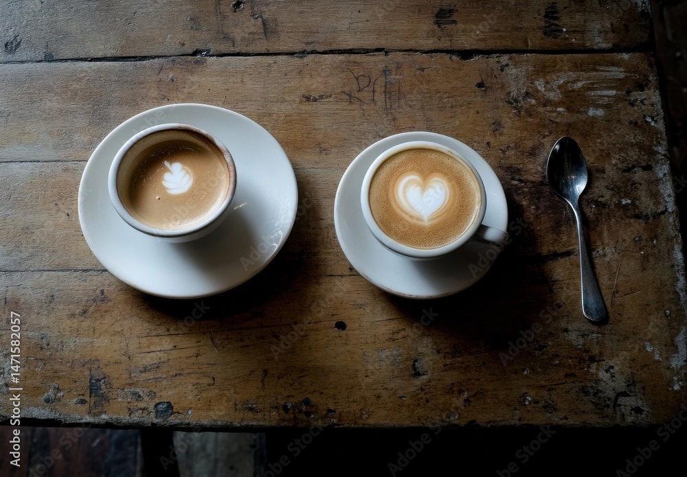 Poster two cups of coffee with latte art, a heart and a leaf design, sit on a rustic wooden table, accompan