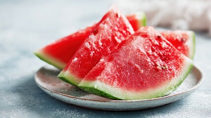 Freshly Cut Watermelon Slices on Plate with Juicy Red Flesh and Green Rind in Natural Light