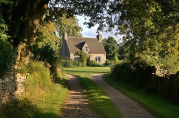 Obraz premium Tree-lined path leading to peaceful countryside home