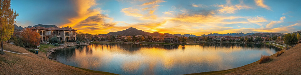 Stunning sunset over a tranquil lake, reflecting golden hues on the water, with upscale homes nestled amongst autumnal trees and majestic mountains in the background. : Generative AI