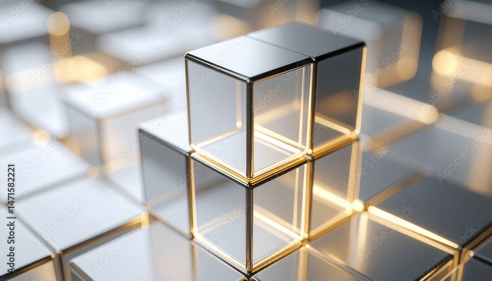 Poster Tower of transparent cubes with golden edges building upward one