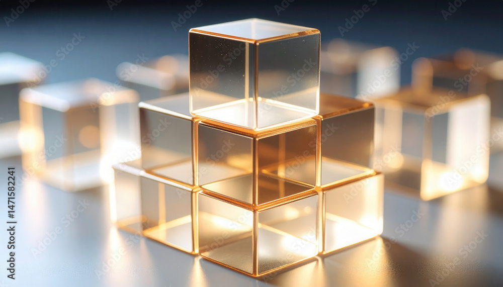 Poster tower of transparent cubes with golden edges building upward one