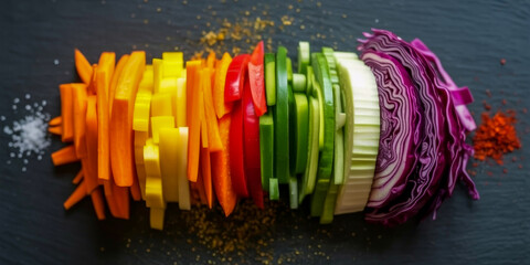 A top-down view of finely chopped vegetables arranged in a vibrant rainbow spectrum pattern on a black slate surface