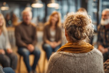 Group of people sitting in circle, diverse individuals participate in support, listening to woman speak