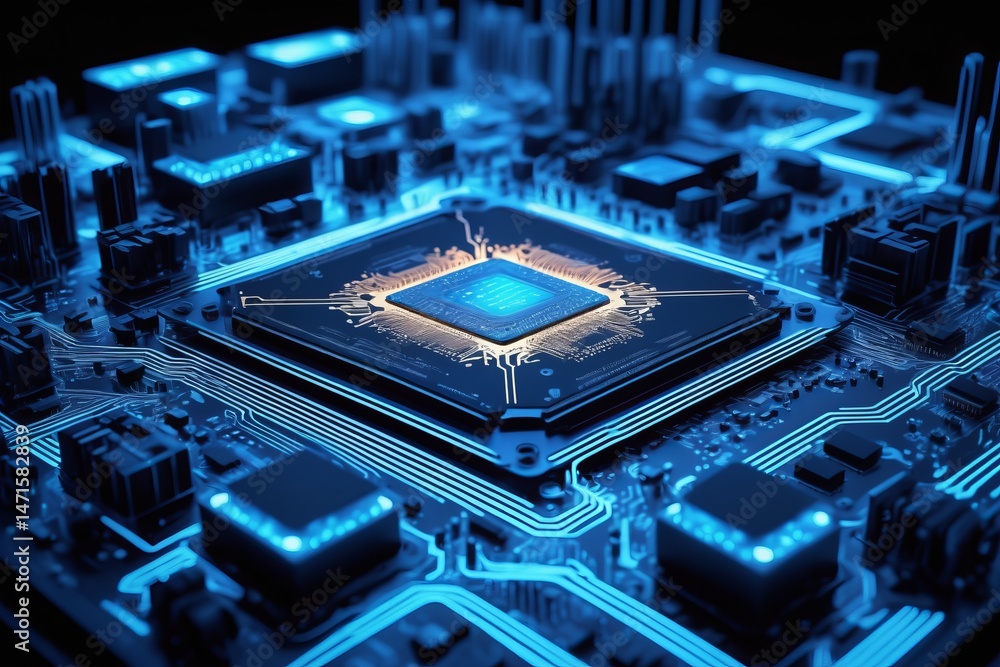 Poster an intricate close-up presents a stylized computer circuit board with a central processor, bathed
