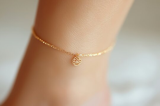 A delicate gold anklet with a small flower charm is worn around an ankle.