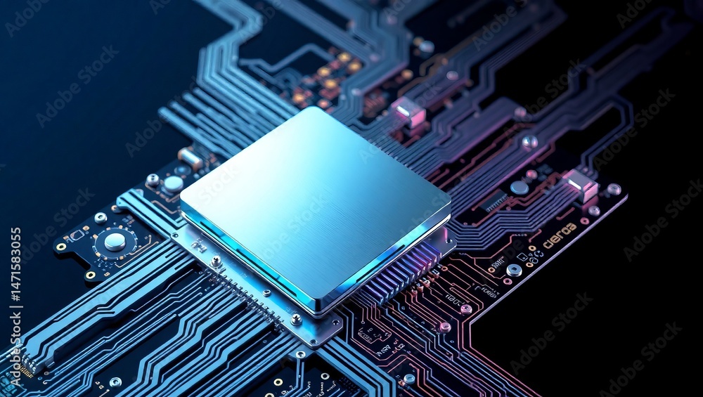 Poster a close-up rendering showcases the intricate details of a modern circuit board with a central