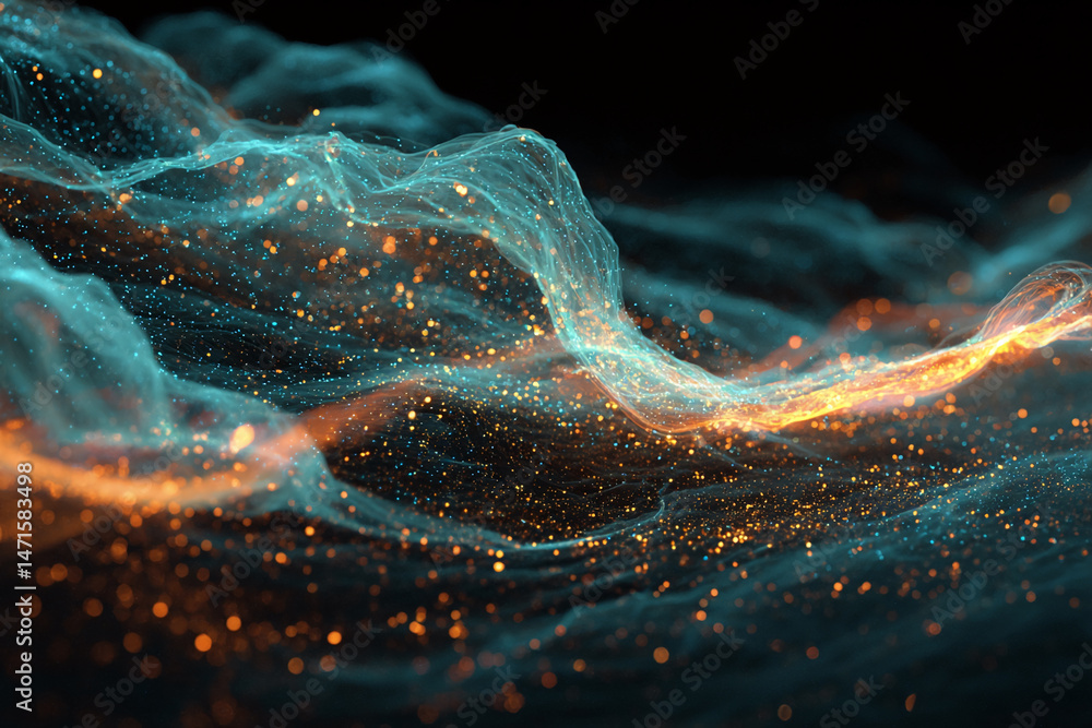 Poster abstract image of teal and orange glitter particles forming flowing waves against a black background