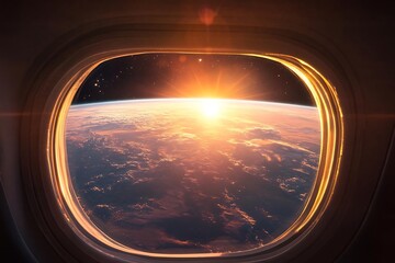Gazing at sunrise over Earth from airplane, showcasing the breathtaking celestial view