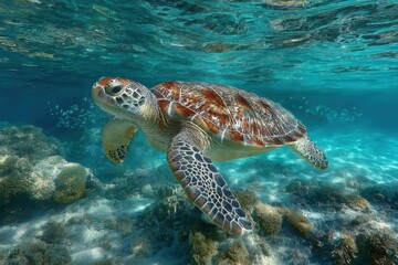 Magnificent sea turtle gracefully glides underwater near coral reef, bathed in sunlight; pristine marine environment.