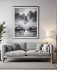 Chic grey sofa, art posters on white wall, comfy pillows ,  poster wall,  sofa