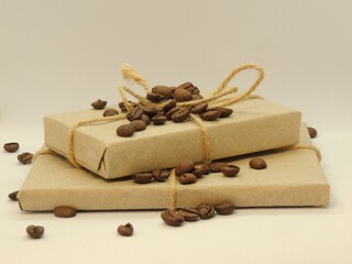 Rustic Gift Boxes with Coffee Beans on Kraft Paper Wrapping