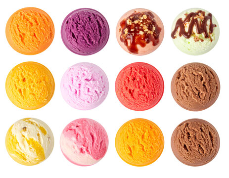 Set of colorful ice cream scoops and fruit sorbets isolated on transparent background