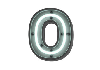 Neon Number Zero Glowing Metal Letter O Sign isolated on transparent background