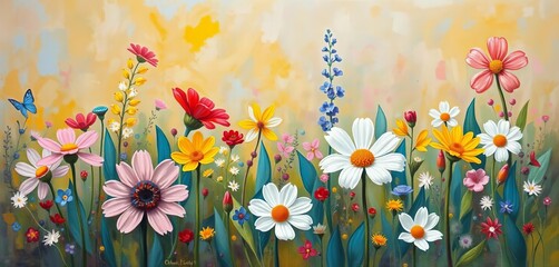 Obraz premium Abstract pastel oil painting of colorful flowers in a natural landscape, featuring visible brushstrokes and canvas texture, floral, painting