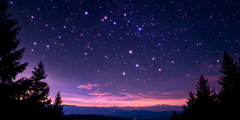 Fototapeta premium Silhouetted Trees Against a Purple and Pink Night Sky with Numerous Stars