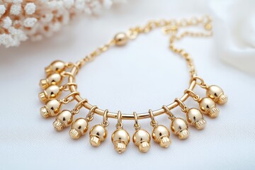 A gold bracelet featuring multiple small skull charms arranged in a row, displayed on a soft white fabric.