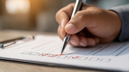 Businessman marking a correct check sign on a quality control checklist with a pen for document approval and project validation
