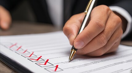 Businessman marking a correct check sign on a quality control checklist with a pen for document approval and project validation