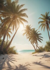 Obraz premium Sun-drenched palm trees, soft sand, turquoise ocean; vintage film grain , distressed, image, warm